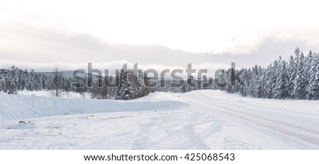 Empty road with huge snow banks on sides on cloudy winter day Royalty-Free Stock Photo #425068543