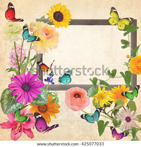 Colorful beautiful flowers and butterflies with blank wooden frame (for photo, picture or text). Nature and art abstract.With copy space is available. Old paper texture 
background.Vintage style image