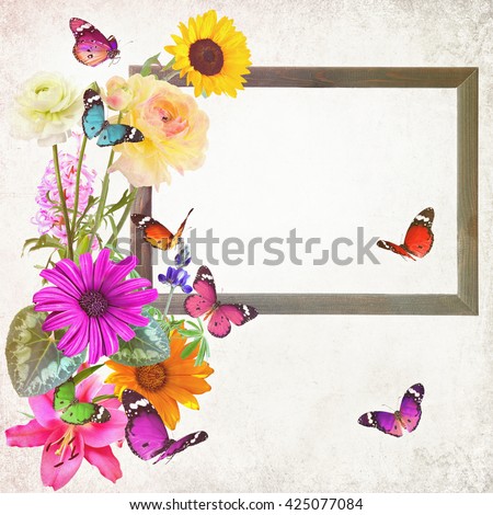 Colorful beautiful flowers and butterflies with blank wooden frame (for photo, picture or text). Nature and art abstract.With copy space is available. Old paper texture 
background.Vintage style image