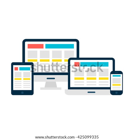 Responsive Web Design Flat Style Gadgets. Vector Illustration of Laptop Desktop Tablet Phone isolated Over White. Royalty-Free Stock Photo #425099335