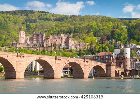 The Carl Theodor Old Bridge located next to Neckar river in Heidelberg, Germany with Heidelberg Castle in the background