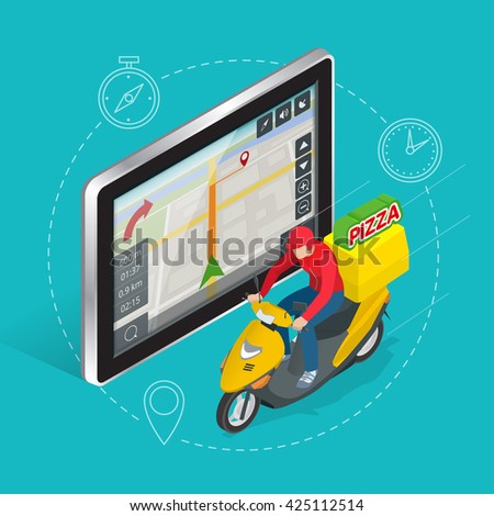 Geolocation gps navigation touch screen tablet and Fast delivery service. Pizza delivery concept. Flat 3d vector isometric illustration.