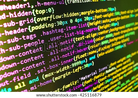 Programming code. Website development. Programmer workplace. Monitor photo.  Website codes on computer monitor. Programmer developer screen. Writing program code on computer. Source code photo. 
