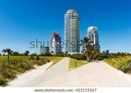 Beautiful Miami Beach cityscape along South Pointe Park.