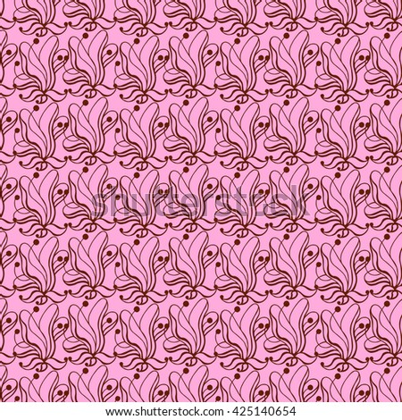 Seamless creative hand-drawn pattern of stylized flowers in pale pink and brown colors. Vector illustration.