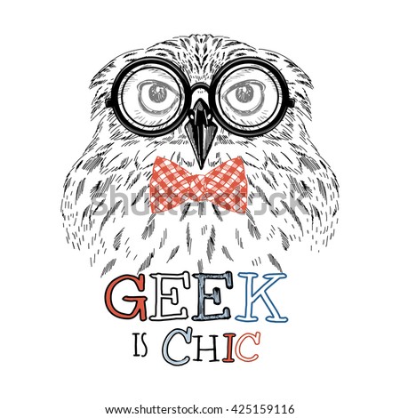 geek owl portrait, hand drawn graphic, animal illustration