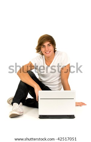 Casual guy sitting with laptop