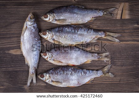 Dry fish on a wooden background, close up