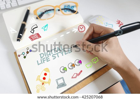 drawing icon cartoon with DIGITAL LIFE concept on paper in the office 