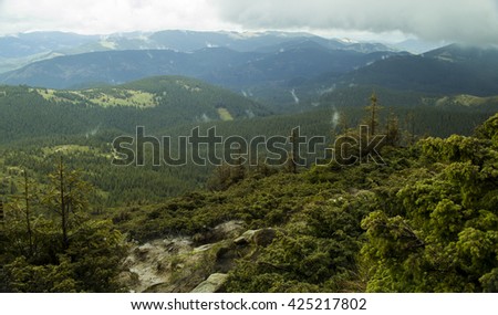 Mountain chain in The Carpathians (Ukraine). Mountain forest. Beautiful mountain forest landscape. Mountain forest before storm. Amazing mountain forest. Green mountain forest in clouds.