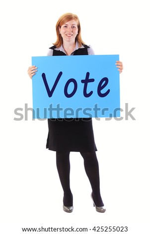Young beauty business woman hold paper vote text on it       