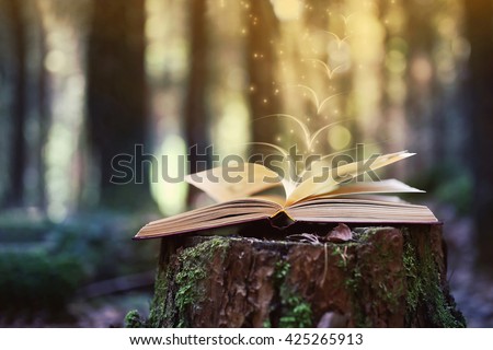 Open book outdoor. Knowledge is power. Book in a forest. Book on a stump Royalty-Free Stock Photo #425265913