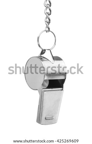 Hanging metal whistle isolated on white Royalty-Free Stock Photo #425269609