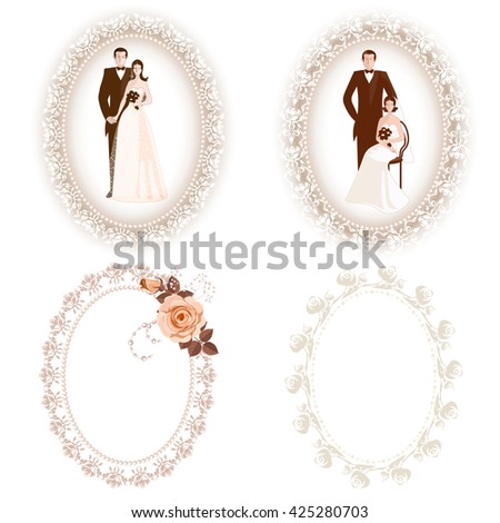 Set of lacy wedding frames with flowers and the bride and groom. This can be used for  invitations, save the date or anniversary. Oval frame with pearls and lace.