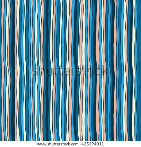 Seamless vector pattern - hand drawn background with bright stripes and waves in cold blue tones