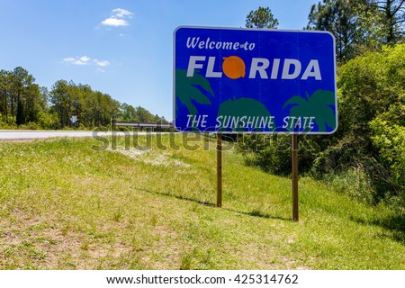 Welcome sign entering the state of Florida southbound from Georgia along Interstate 95.