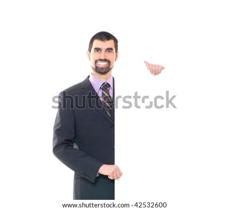 Businessman holding a banner isolated on white