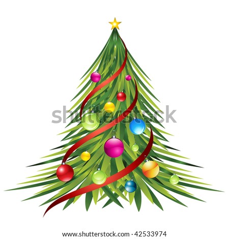 Colorful christmas tree and colorful ball on it isolated on white. Christmas ornament