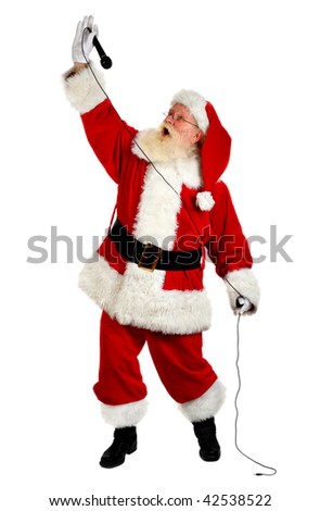 father christmas  singing and looking happy studio shot on white