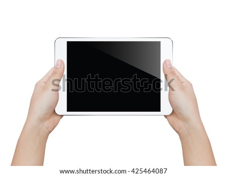 closeup woman hand holding white tablet isolated clipping patch inside image data