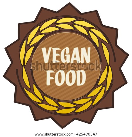 Vegan Food label or tag with stripes, in a star shape, with ears. Brown, beige and orange colors