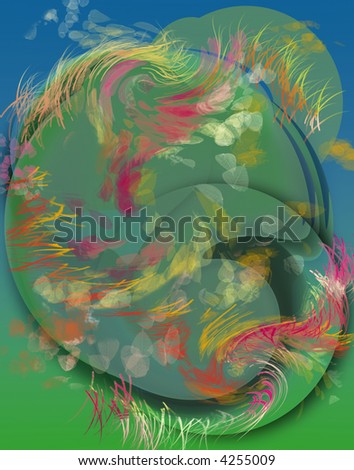 abstract illustration in green and blue with wavy short yellow and red strokes