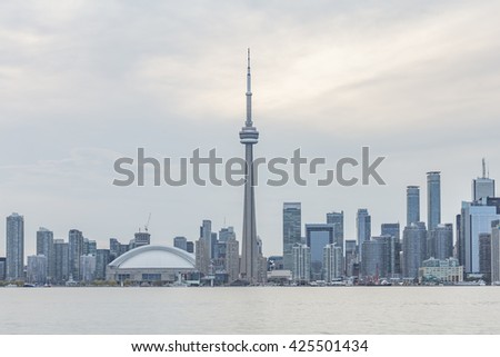  Toronto Skyline with the CN Tower apex before rain at sunset 