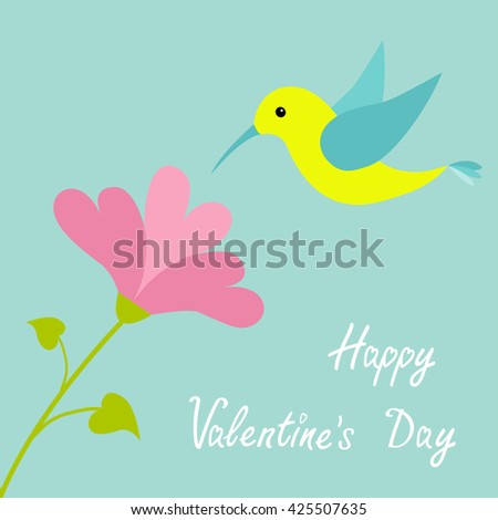 Flying colibri bird and heart flower. Cute cartoon character. Hummingbird. Isolated Blue background. Baby kids illustration collection. Happy Valentines Day Greeting card.  Flat design. Vector 