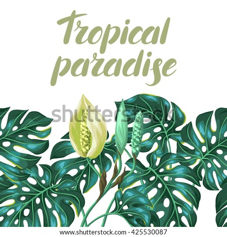 Seamless pattern with monstera leaves. Decorative image of tropical foliage and flower. Background made without clipping mask. Easy to use for backdrop, textile, wrapping paper.