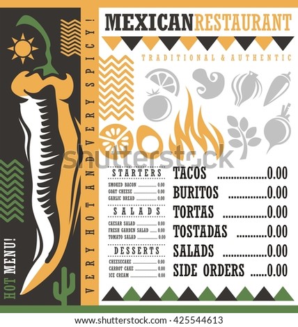 Mexican restaurant menu design template. Vector flyer layout for Mexican food. Document print background with chili pepper. Hot and spicy food. Tacos and burritos.