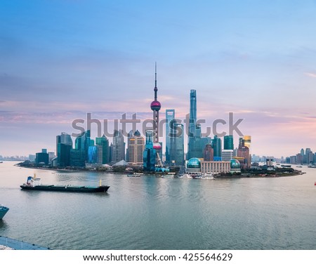 beautiful shanghai skyline with sunset glow, huangpu river and pudong skyline, China