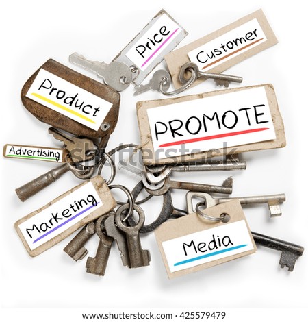 Photo of key bunch and paper tags with PROMOTE conceptual words