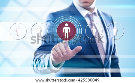 business, technology, human resources and internet concept - businessman pressing hr button on virtual screens Royalty-Free Stock Photo #425580049