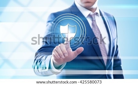 business, technology, cyber security and internet concept - businessman pressing shield button on virtual screens. Template for text.
