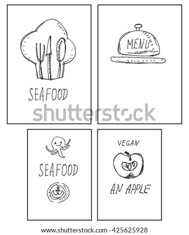 chef hat, cooking dish dome, apple, octopus and anchor template
vector illustration, in hand drawn and modern thin line style