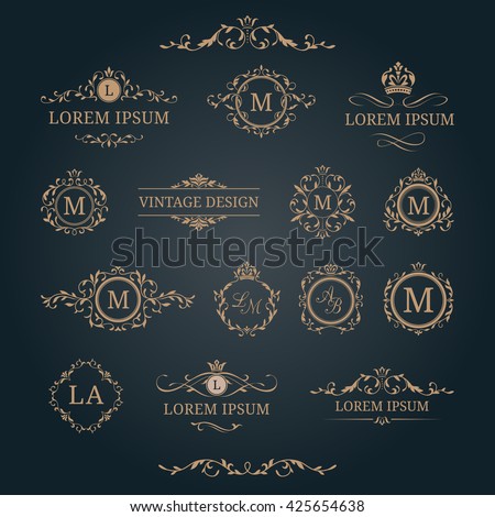 Elegant floral monograms and borders. Design templates for invitations, menus, labels. Wedding monograms. Monogram identity for restaurant, hotel, heraldic, jewelry. Royalty-Free Stock Photo #425654638