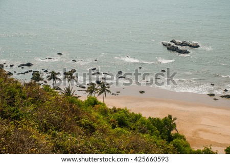 Beauty Arambol beach landscape. Panorama, top view. Goa state, India.