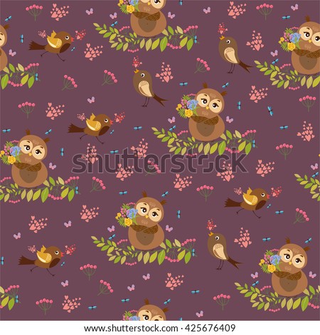 vector seamless pattern. cute, romantic pattern with owl and birds. flowering gardens