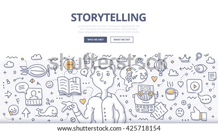 Doodle vector illustration of building social media campaigns around stories, storytelling, producing creative and original ads. Storytelling concept for web banners, hero images, printed materials Royalty-Free Stock Photo #425718154