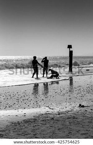 Silhouetted family play in the waves on a British beach