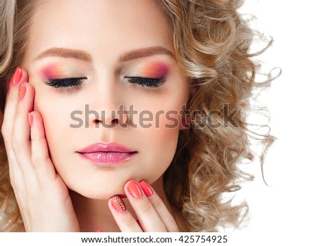 Colorful make up shadows and nails woman studio beauty portrait isolated on white