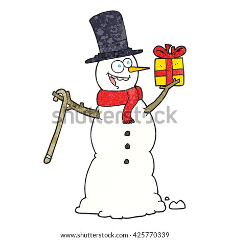 freehand textured cartoon snowman holding present