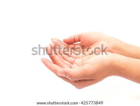 Woman hands praying on white background, religion concept