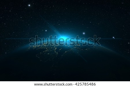 blue sunrise view on earth from space. 3d rendering.
Elements of this image furnished by NASA Royalty-Free Stock Photo #425785486