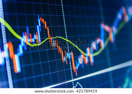 
Stock market chart, graph on blue background. Finance concept. Business analysis diagram. Data on live computer screen. Market report on blue background. Share price quotes. 
