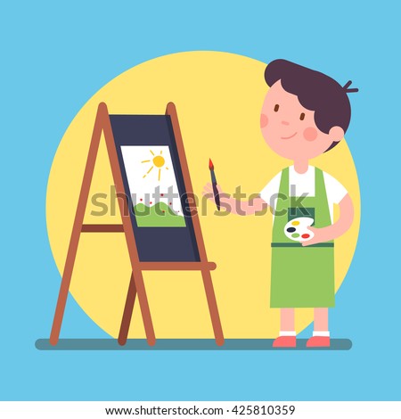 Smiling kid artist painting a piece of art on a canvas. Standing near easel and holding palette and brush. Color paint lesson. Modern flat style vector illustration cartoon clipart.