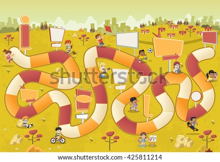 Colorful park with cartoon children playing over a board game with a block path on the city.