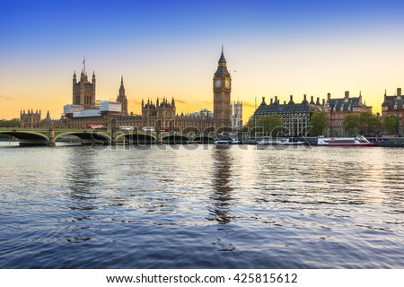 Big Ben and Westminster Bridge in London at sunset, UK