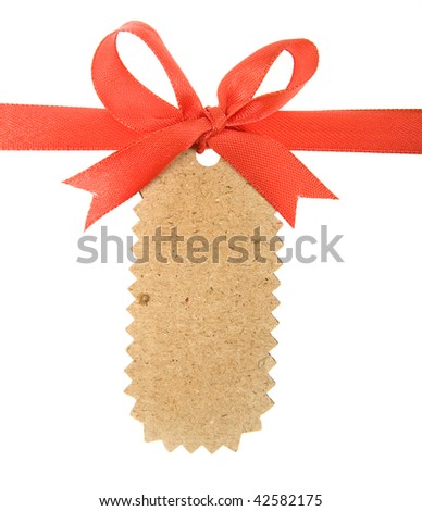 cardboard tags with red ribbon bow  isolated on white background