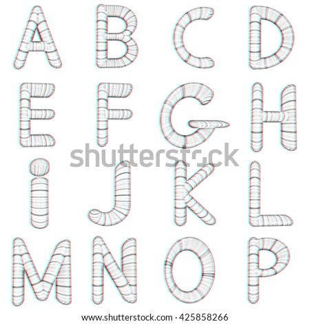 Wooden Alphabet set on a white background. Pencil drawing. 3D illustration. Anaglyph. View with red/cyan glasses to see in 3D.